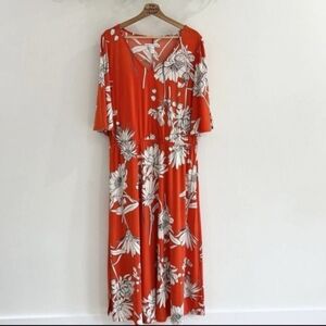 Girl With Curves Orange & White Floral V-Neck Flutter Sleeve Midi dress Size LT